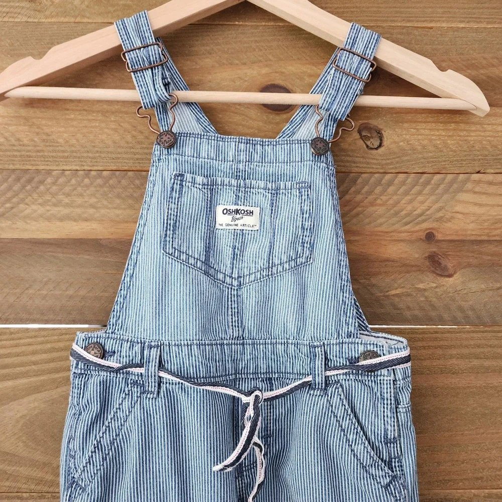 OshKosh blue white‎ striped conductor overalls tie girls size 5T
